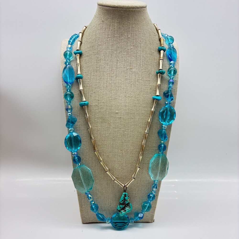 Necklace Lot of 2 Faux Turquoise Nugget Bamboo Link and Beaded Statement